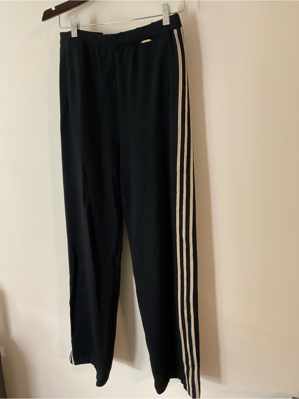 St John Black Wool Adjustable Waist Pants with Gold Side Stripes